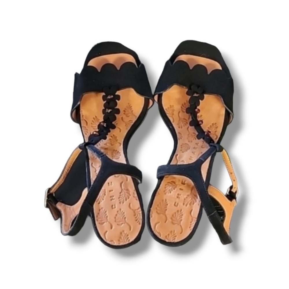 CHIE MIHARA Scalloped T-Strap Sandals EU 38 US 8 Beaded Floral Leather Spain Art - Picture 4 of 17